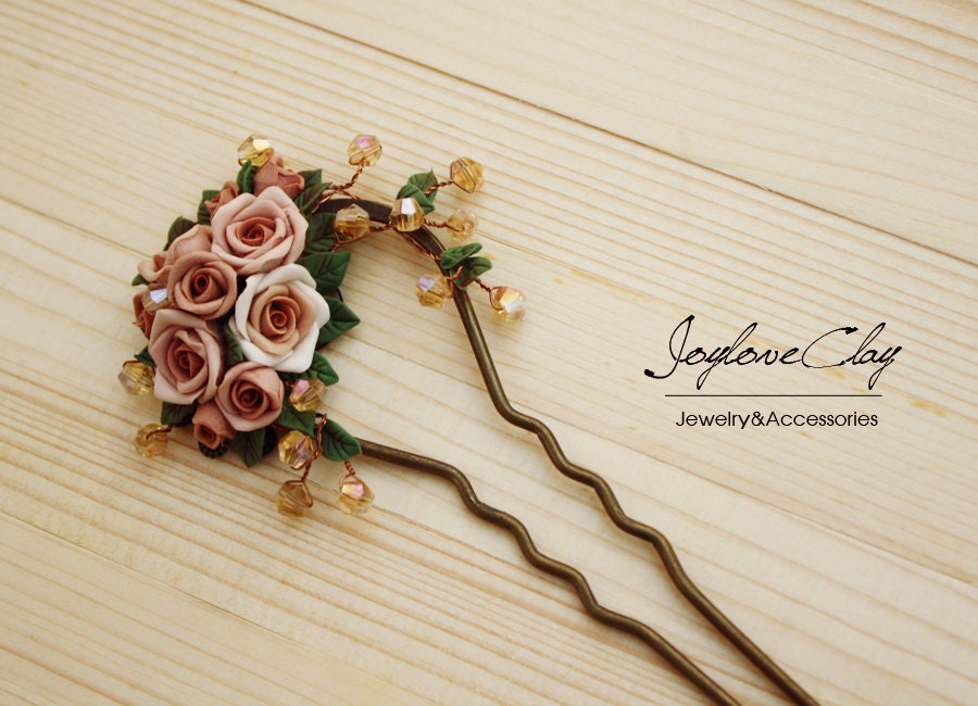 brown polymer clay rose hair stick hair accessories by Joyloveclay