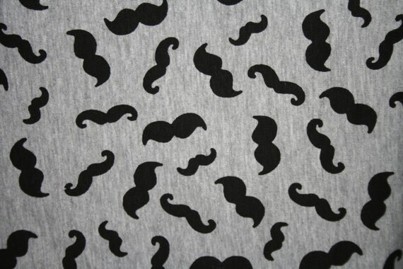 MUSTACHE KNIT FABRIC Black Mustache on Grey Cotton Jersey