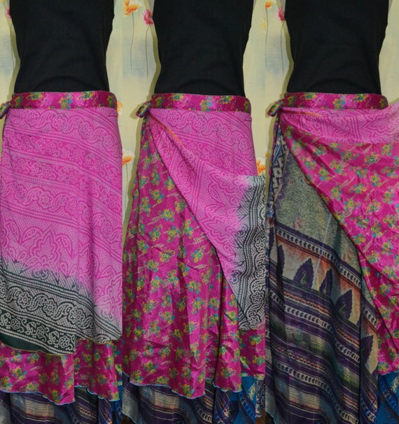 3 Layers Long Wrap Skirt India Sari Hippie Gypsy Boho Dance or