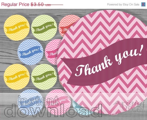 WEEKEND SALE 50 % OFF thank you printable circle tag text over bunting chevron backgroung pastel colors 2 in size circle download immediatel Il_570xn