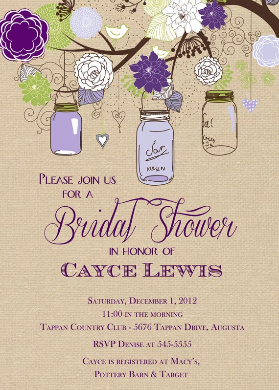 Rustic Mason Jar Tree Lavender & Purple Burlap Bridal Shower Invitation - Printable - Any Colors Il_570xn