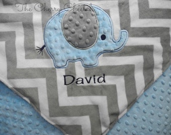 Personalized Baby Blanket, Baby Gift, Elephant on Grey Chevron Minky, Baby Boy Blanket, Custom Blanket, Made to Order
