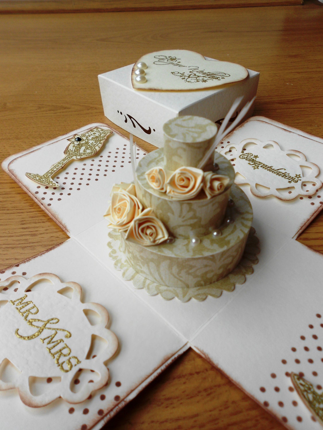 Wedding Cake Exploding Box Card ivory roses