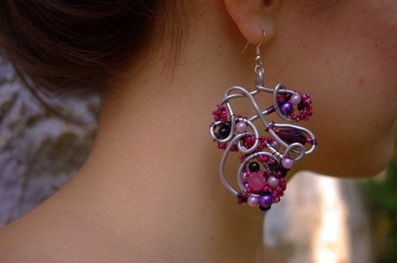 Plum Color Earrings, Silver Wire Wrapped, Designer Jewelry, Final Touch by Tatjana Jakovleva