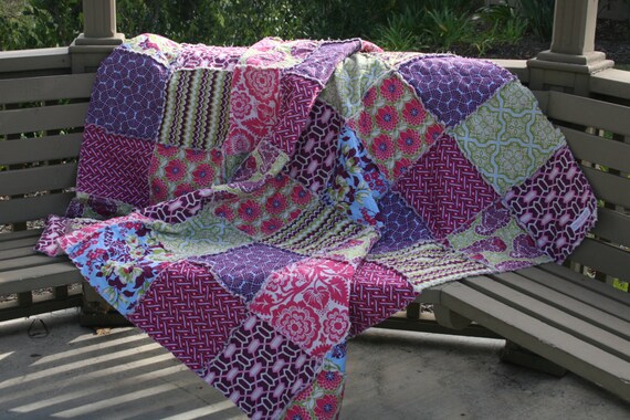 Lap Quilt, Picnic Quilt, Rag Quilt, Cotton, 2nd Anniversary Gift, Joel Dewberry, Heirloom Sapphire, fuschia, pink, lavender, blues and green