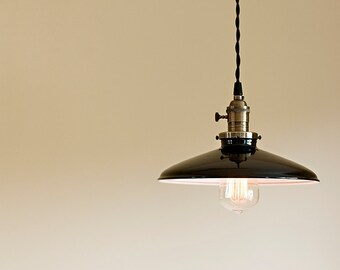 Pendant Light Fixture Black Porcelain Enamel Metal 10" Shade
