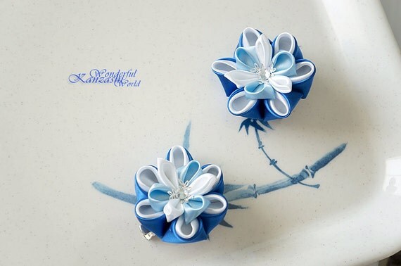 Items similar to Kanzashi Fabric Flower Hair Clips Blue and White on Etsy