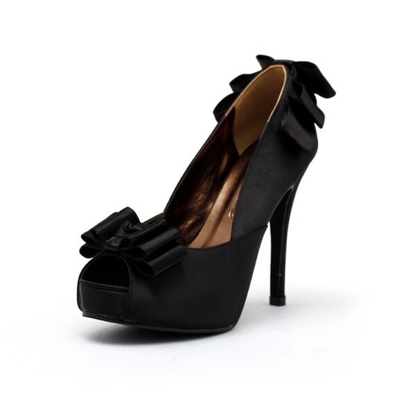 Black Satin Wedding Heels with Bows, Black Satin Evening Heels, Evening Heels, Womans High Heel Shoes