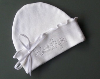 Custom Girly Girl RUFFLED NEWBORN HAT, White Name, White bow, Beanie Hat, Hospital Hat, Name Reveal, Baptism, Christening