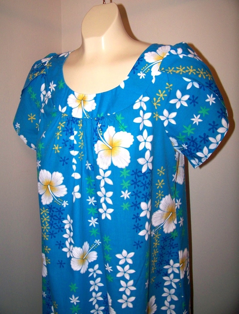 Blue Hawaii Hawaiian Moo Moo Dress Hibiscus Flowers by DeNovoChic