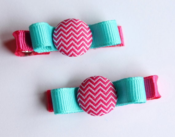 Pink and blue hair clips set of two baby hairbow chevron