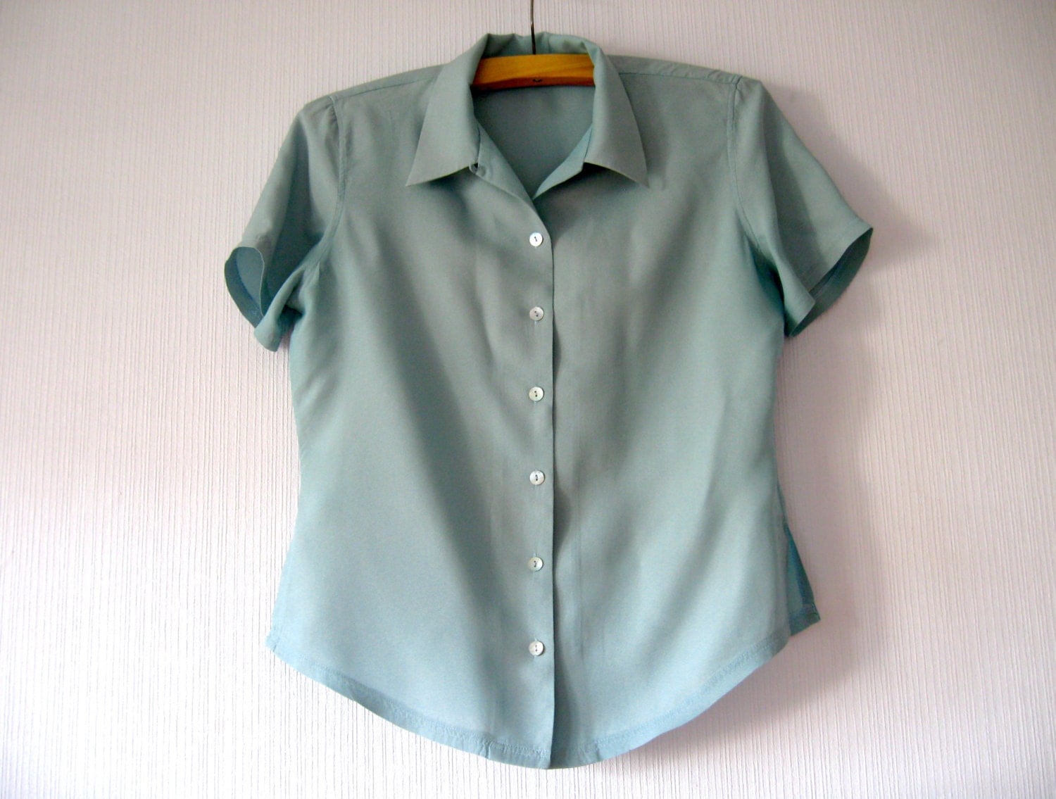 Silk Blouse Mint Green Crop Top Short Sleeve Pale Green Boxy Shirt
