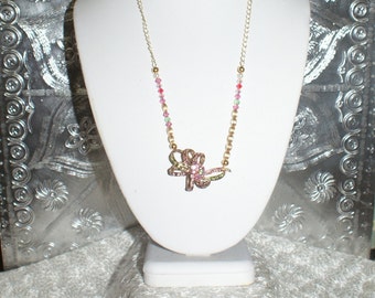 Beautiful Petite pink and green Rhinestone Bow Brooch Necklace