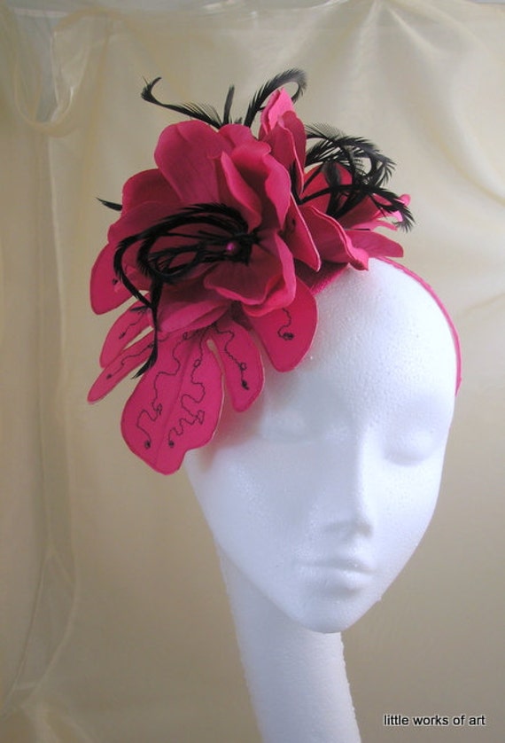 Items similar to Fuschia and Black headband headpiece mini Hat ...