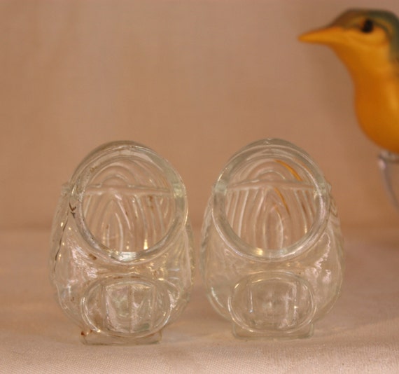 2 glass bird seed cups for vintage bird cage made by SesameShmuke