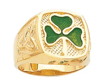 14k Gold Green Enamel Clover Ring, Gold Clover Ring, Green Enamel