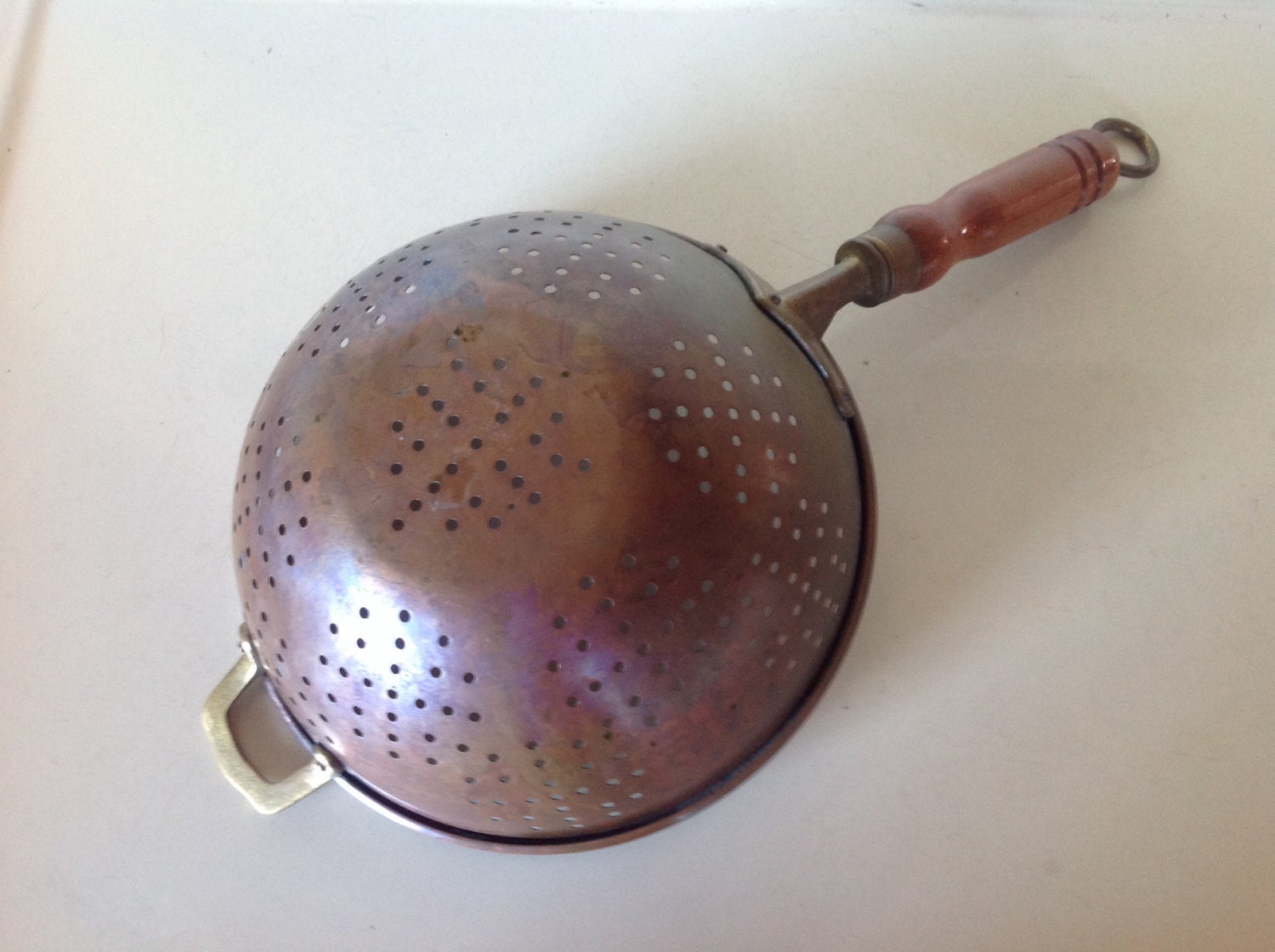 Vintage Large Copper Strainer Wooden Handle