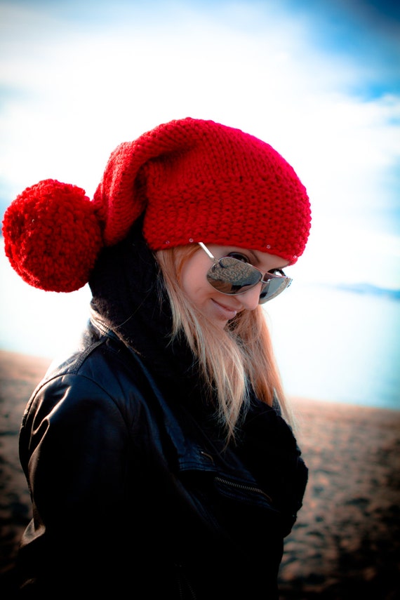 hat pom pom oversized Women's blend from red pom hat pon oversized Chunky knit wool warm