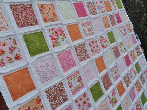 Designer Fabrics Large 6+1/2 foot square Rag Quilt Throw NEW Ready 2 ship Free U.S. shipping Spring Summer Flowers Romantic Colorful