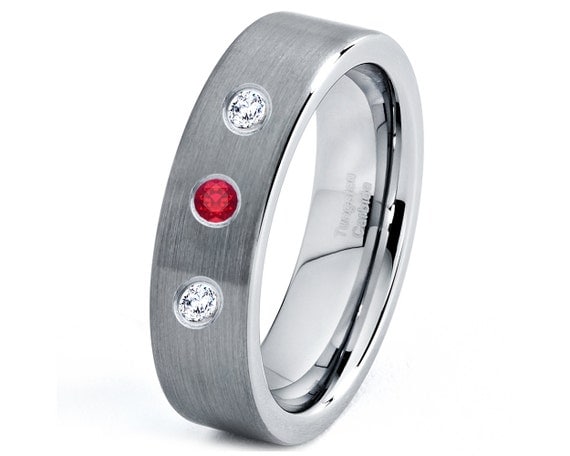 Tungsten Wedding Band Ring, Men Women, Red Ruby Band, Wedding Bands ...