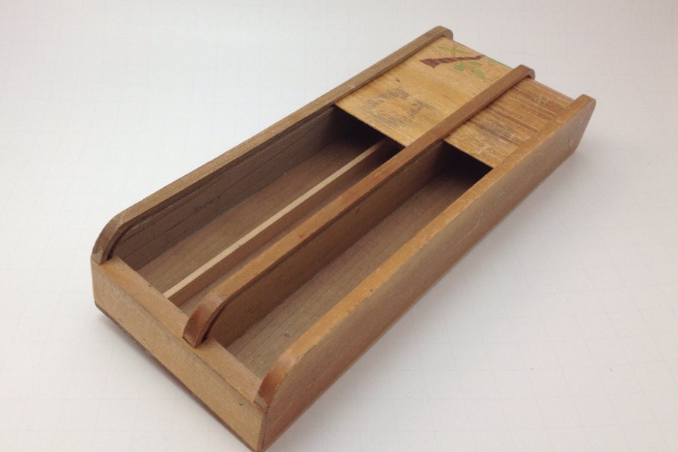 Vintage Two Section Wooden Roll Top Pencil Box