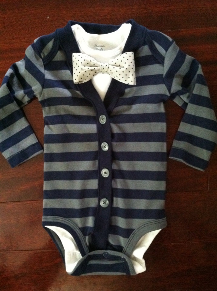 Preppy Baby Boy navy blue and grey Cardigan onesie with polka