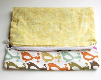 cotton clutch foldover purse, eco friendly clutch, bird purse, yellow purse, small bag