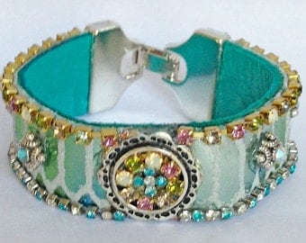 Turquoise Iridescent Leather Cuff Bracelet - Adorned With Turquoise, Pink and Opalescent Rhinestone Cup Chain Border