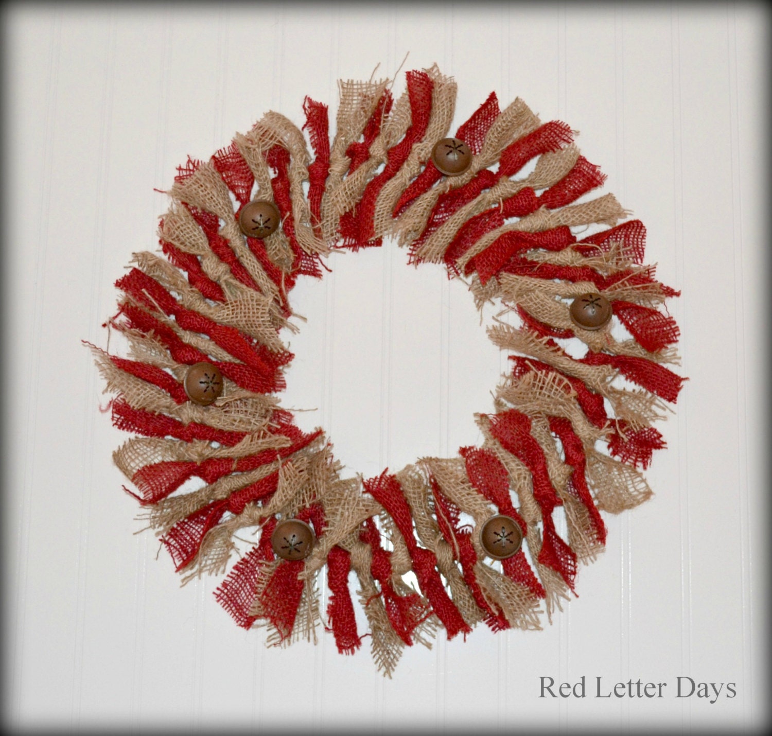 Burlap Christmas Rag Wreath, Holiday Wreath with Jingle Bells, Custom Wreath with Letter