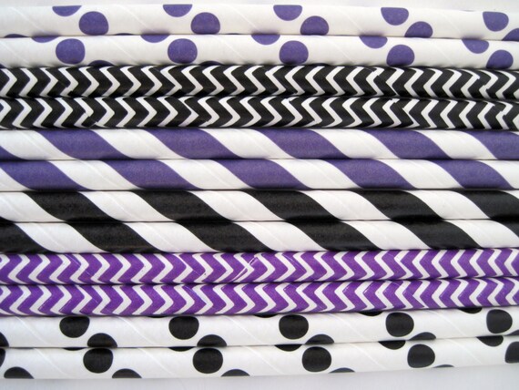 Black and Purple Paper Straw Mix - Stripe, Dot & Chevron - ships less than 24 hours Il_570xn