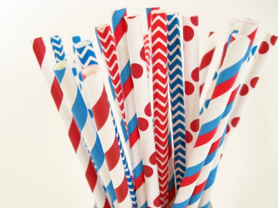 Dr. Seuss Red, White and Bright Blue Paper Straw Mix - Stripe, Dot & Chevron - ships less than 24 hours Il_570xn