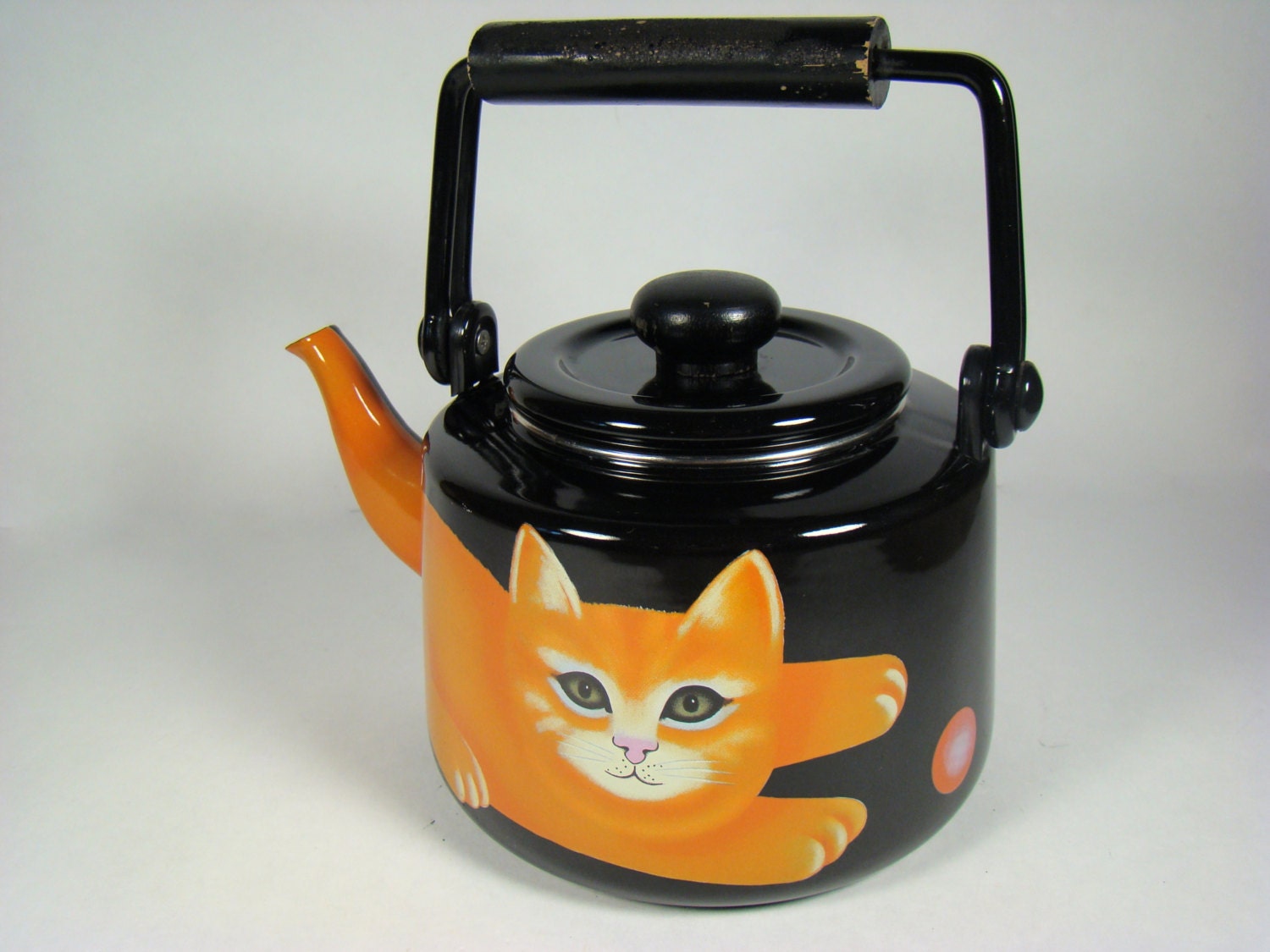 Vintage enamel tea kettle decorated with cat painted by InUseAgain