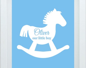 Baby Rocking Horse Art For Boy Custom Name Blue Green Nursery Art Print One 8X10 Choose Your Color Christmas Gift