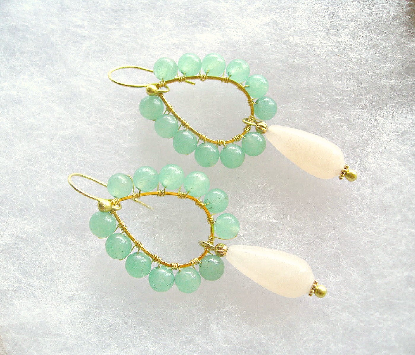 Mint and blush pink earrings Green jade and Blush pink quartz