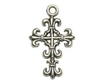 BULK 50 pcs - Fleur de Lis Silver Cross Charm 23x14mm - Ships from Texas by TIJC - SP0044B