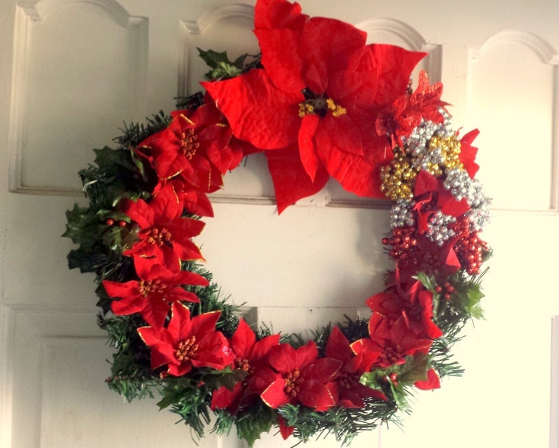 Christmas Floral Door Wreath: Large Red Poinsettia with Small Red Poinsettias, Holly Berry Bling and Faux Pine