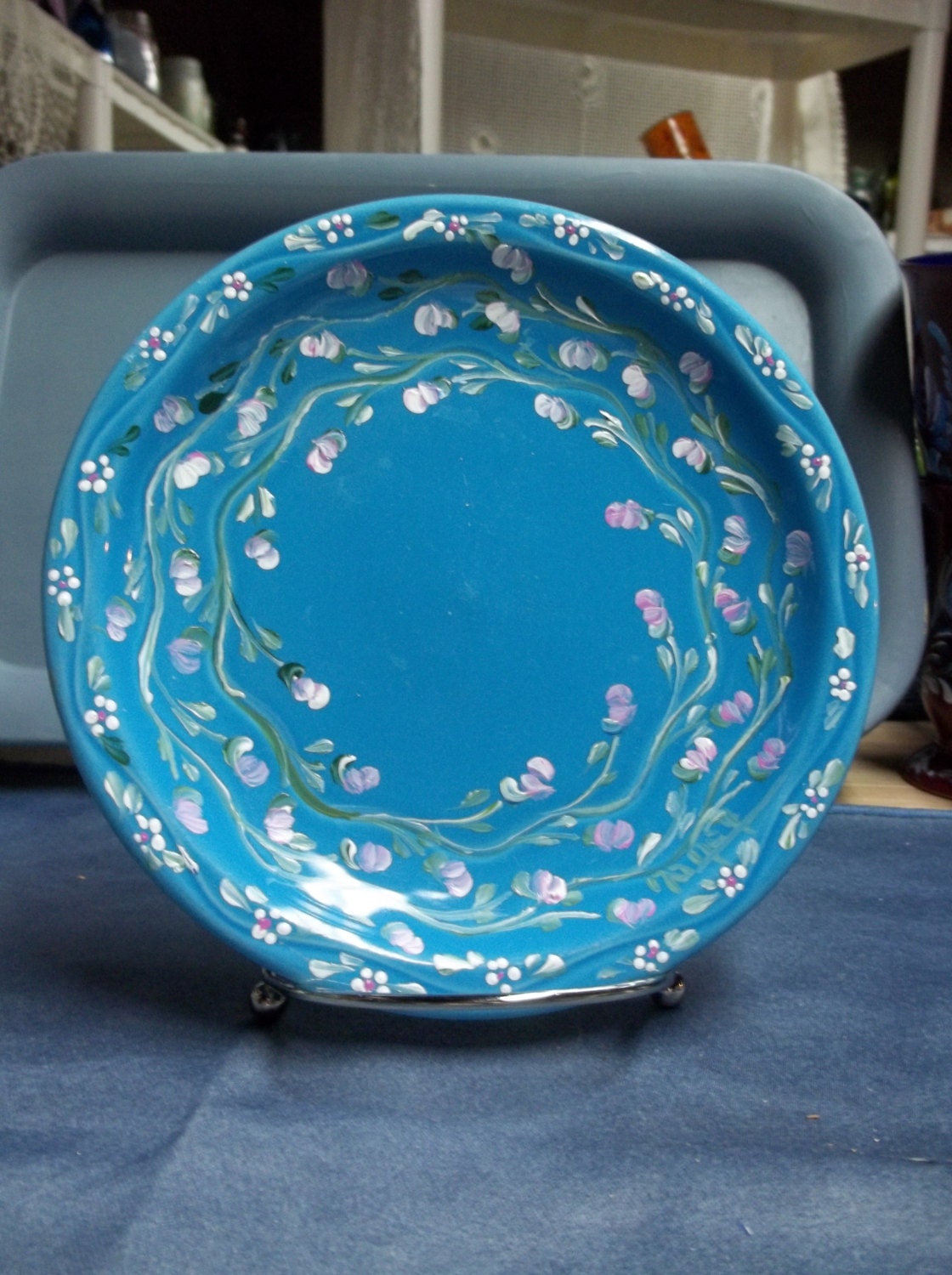 Blue Stoneware Plate Hand Painted Scandinavian Design Folk