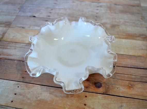 White Fenton silver crest ruffled candy dish