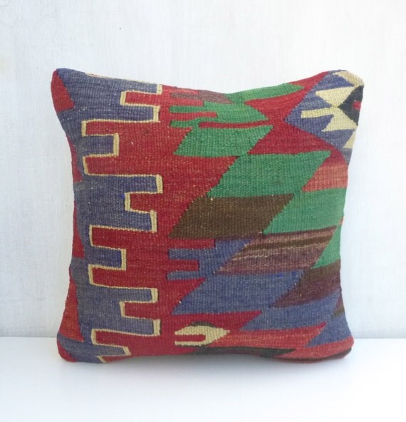 24 usd Blue Green and Red Ethnic Kilim Pillow by SophiesBazaar