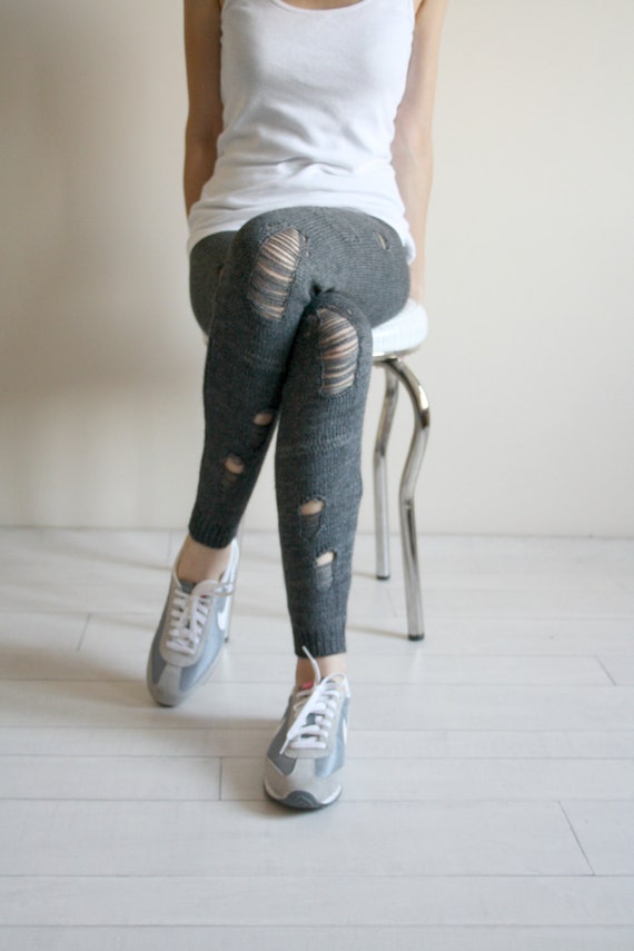 Charcoal Gray Knitted Stretch Leggings // Pants Ripped Tight
