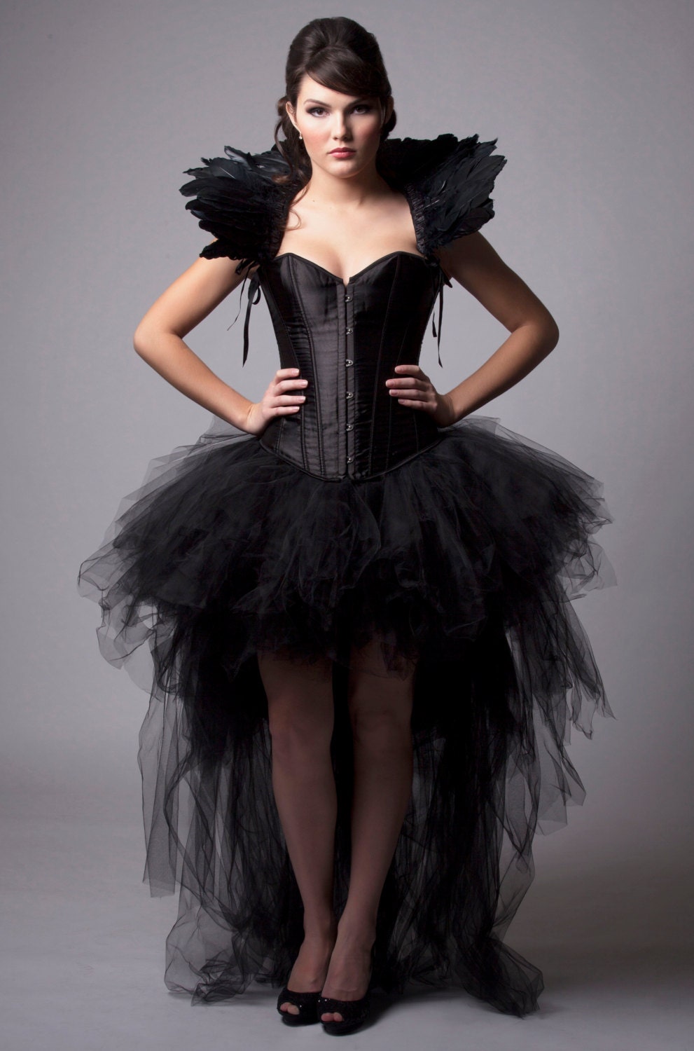 Custom Black Queen Corset Dress Burlesque Costume Feather High 