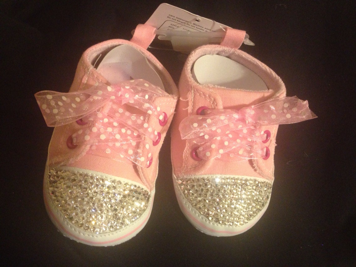 Adorable pink baby girl shoes with beautiful Swarovski