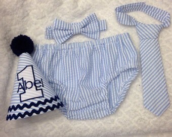 Boys Cake Smash Outfit - Blue Seersucker Stripe - Diaper Cover, Tie & Birthday Hat - Birthday Set - Boys Birthday Outfit First 1st Birthday