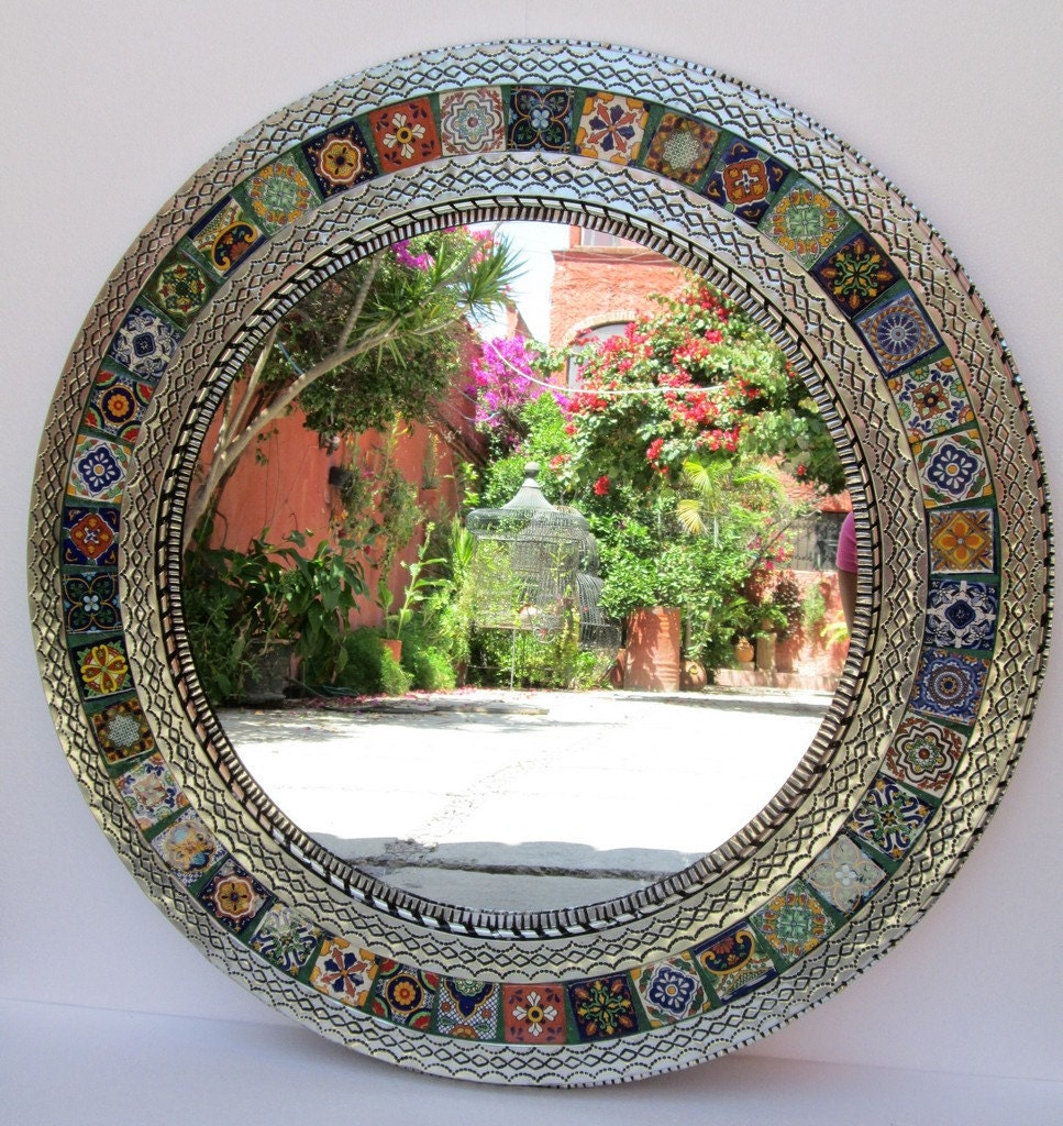 round PUNCHED TIN MIRROR mixed talavera tile handmade mexican