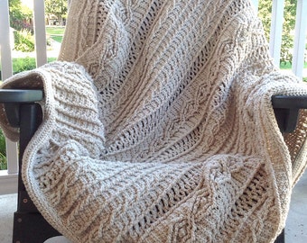 Oatmeal Colored Acrylic Yarn Cable "Knit" Crochet Blanket