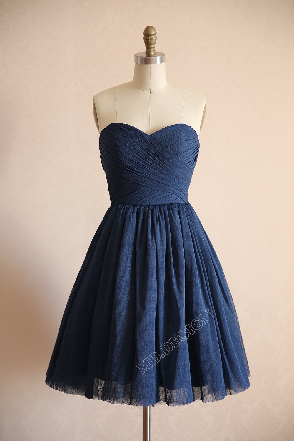 Vintage Navy Blue Polka Dots Tulle Wedding Dress  by misdress