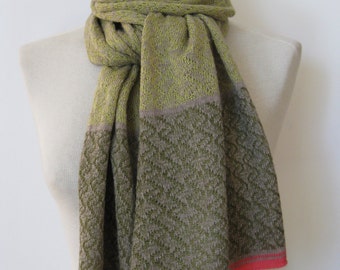 Handmade cashmere scarf/ knitted cashmere scarf/ cashmere / patterned scarf/ womans scarf/lime scarf with olive+coral borders