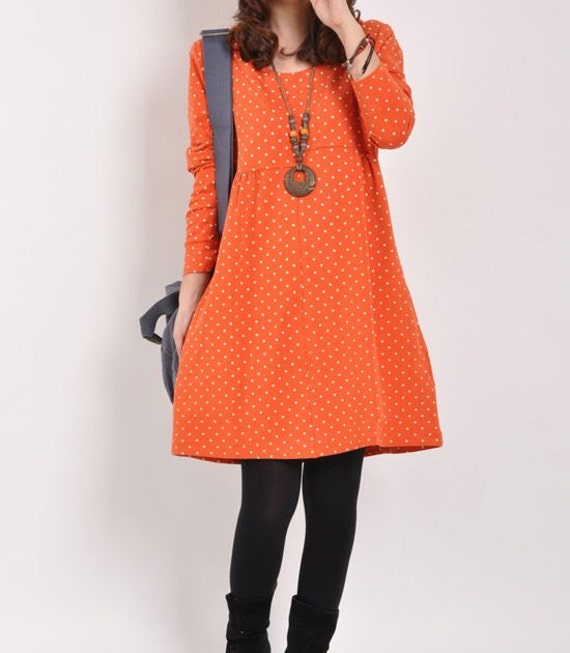 Orange cotton dress long sleeve dress maxi by originalstyleshop