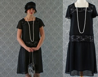 Black flapper dress with chiffon and lace, short ruffled sleeves, Gatsby dress, 1920s flapper dress, Downton Abbey dress