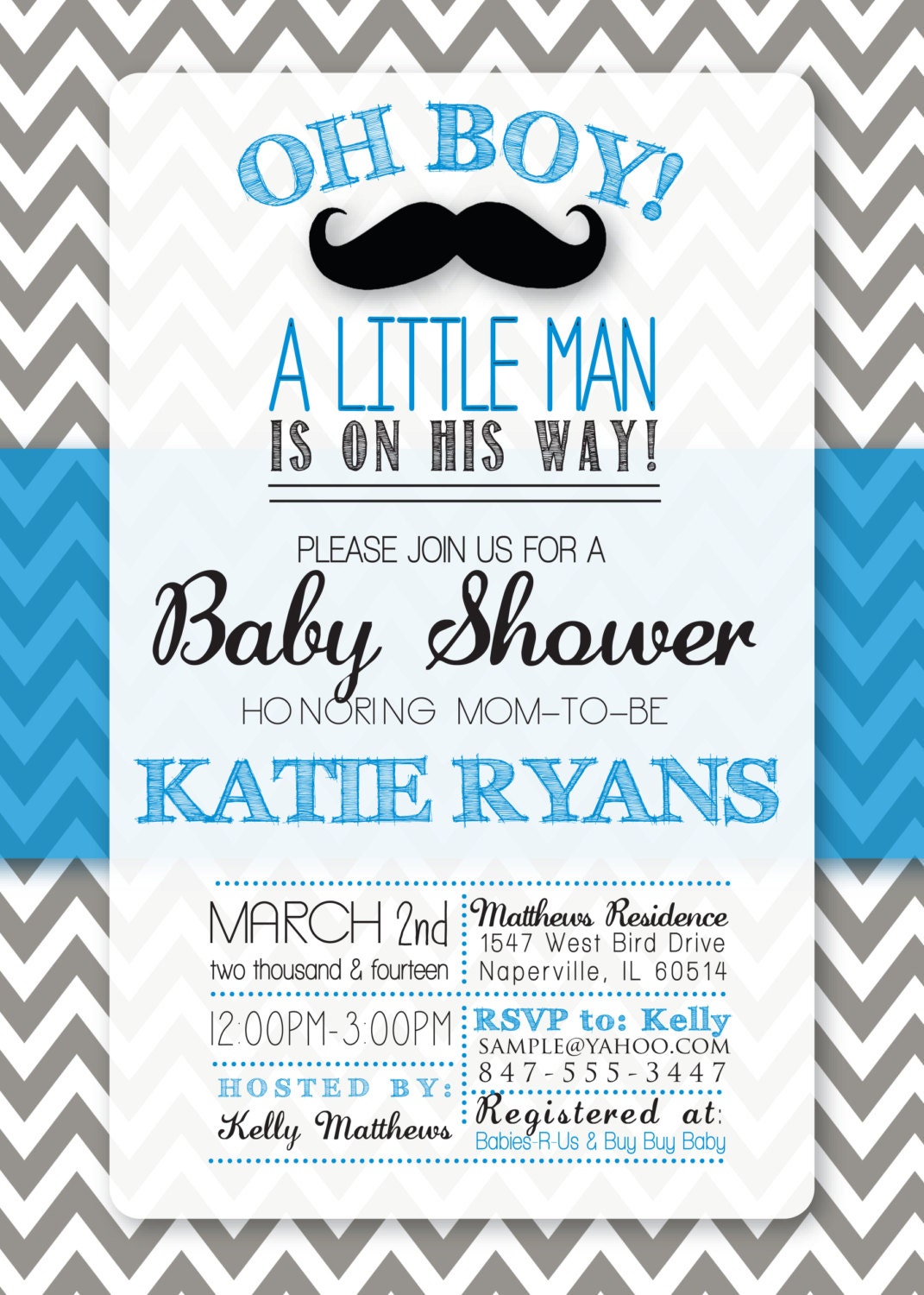 Baby Shower MUSTACHE themed Invitation Digital Print File